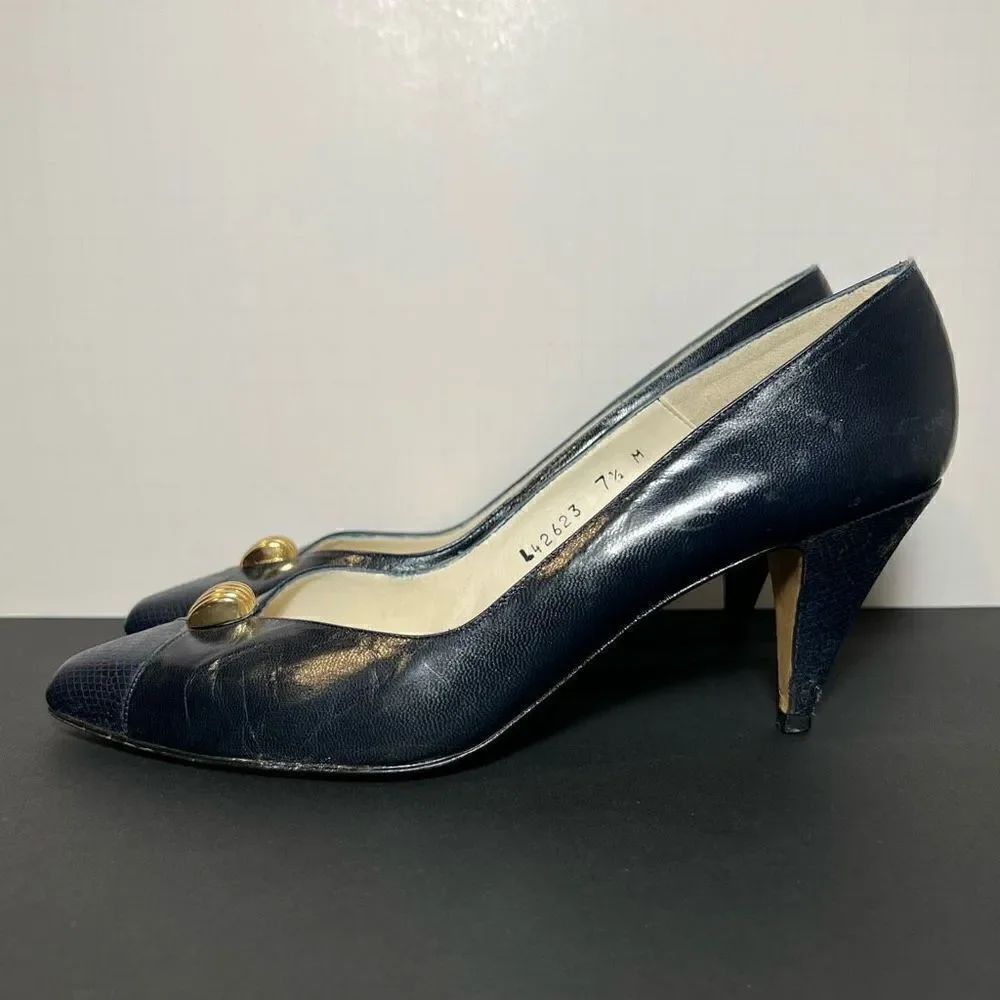 Womens CARESSA Navy Blue Cap Toe Embellished Pump Heels / Size 7.5 Medium